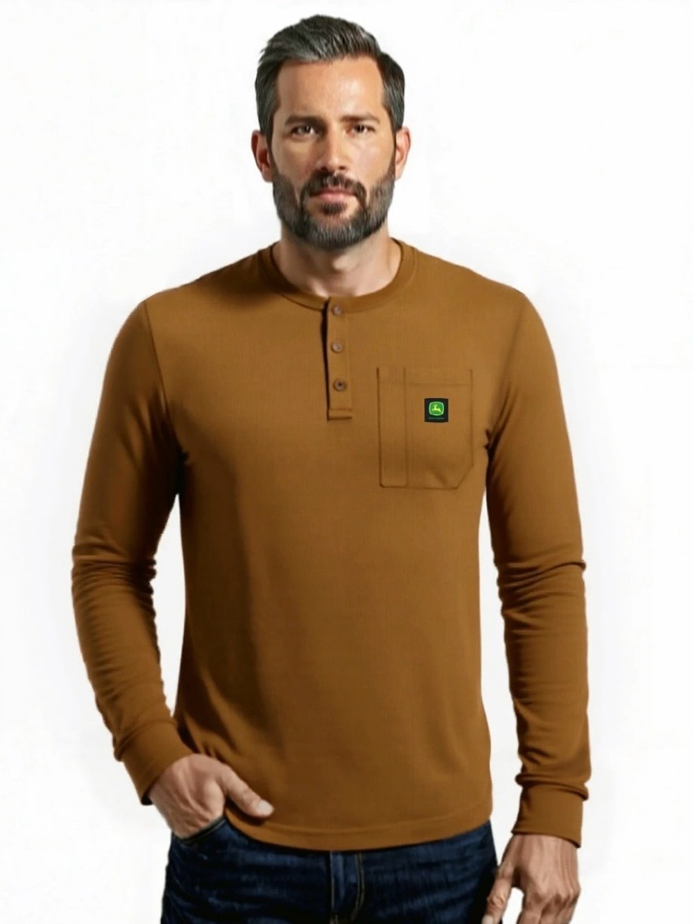 John Deere Caramel Brown Long-Sleeve Henley with Chest Pocket